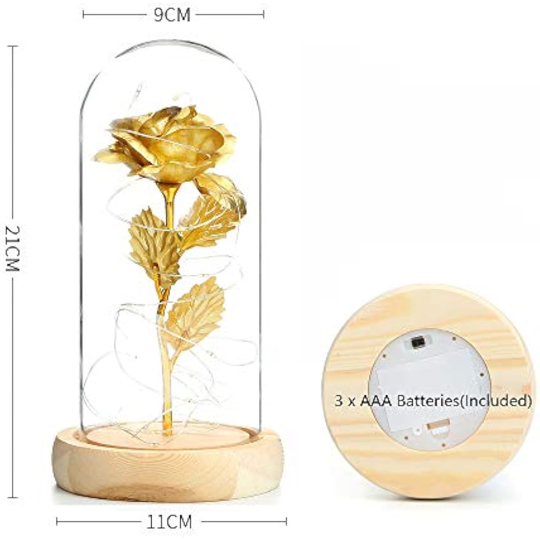 TINYOUTH 24K Golden Rose in Glass Dome, Gold Plated Light Up Flowers Batteries Included Rose Gifts for Women/Her/Mum Wedding Anniversary Valentines Birthday Xmas