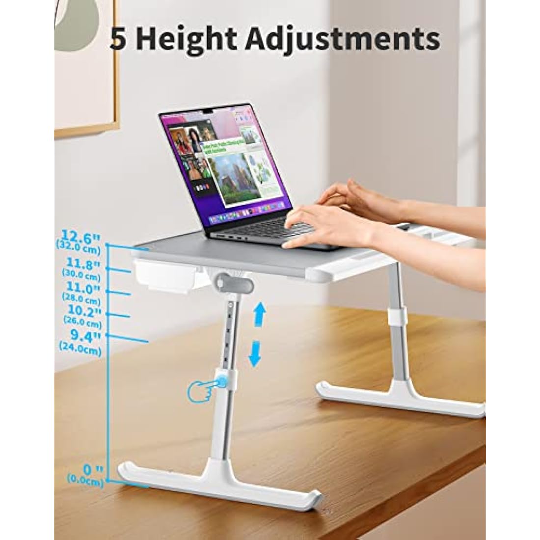 Laptop Bed Table, SAIJI 100% Eco-friendly wooden planks, Laptop Stand with Drawer, Folding Legs, 40kg Load, Angle Height Adjustable, Reading, Eating on Bed, Sofa, Laptop Lap Desk (Grey 23.6 * 12.6in)