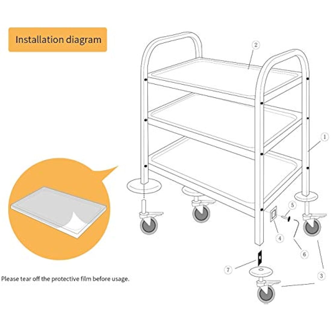 uyoyous Large 3 Tier Stainless Steel Utility Cart 950x950x500MM Kitchen Rolling Carts Serving Trolley Service Catering Storage Cart with Locking Wheels for Kitchen Hotels Restautant Use