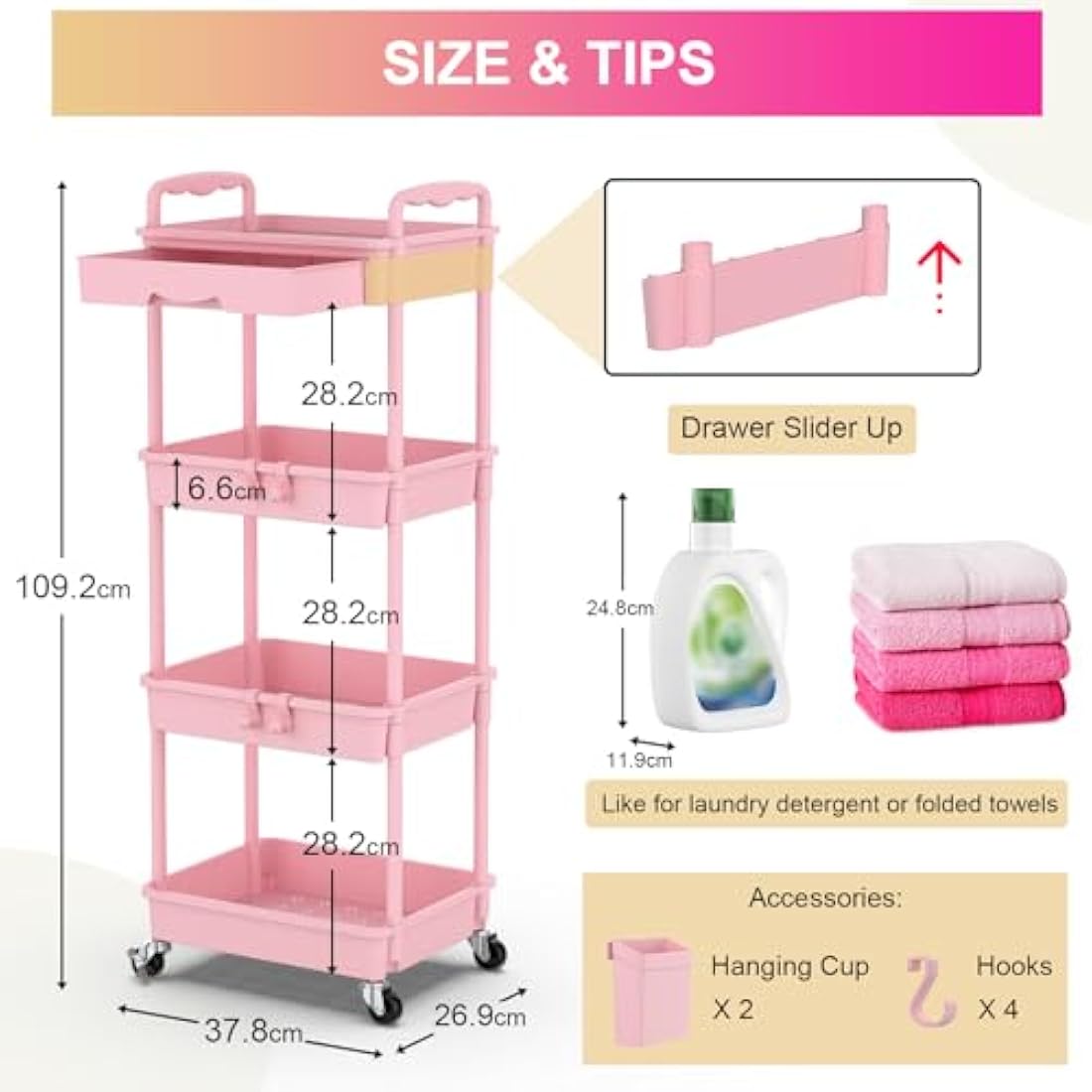 Yeabett 4 Tier Craft Trolley, Storage Trolley On Wheels Utility Cart With Drawer For Kitchen, Bathroom, Office, Living Room, Pink