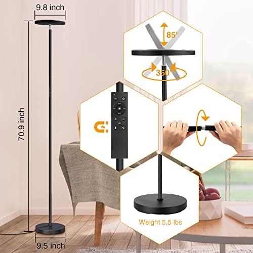OUTON LED Uplighter Floor Lamp 30W 3000LM, Bright Modern Torchiere Dimmable Standing Lamp, Remote Touch Control & 4 Color Temperatures, 1 Hour Timer for Living Room, Bedroom, Office, Black