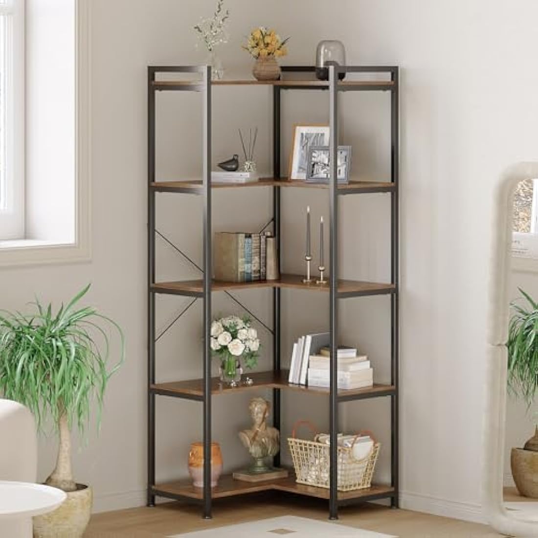 VEDECASA 5 Tiers Corner Bookshelf 5 Tiers Deformable Corner Bookcases Industrial Freestanding Bookshelf Storage Display Rack with Metal Frame for Living Room Home Bedroom Home Office Study Room