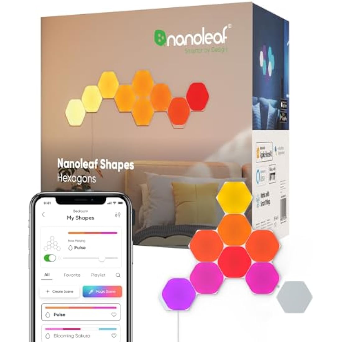 Nanoleaf Shapes Hexagon Starter Kit, 9 LED Smart Light Panels - Dimmable & Modular Wi-Fi Wall Mood Lights, Works with Alexa Google Assistant Apple Homekit, for House Room Decor or Desk