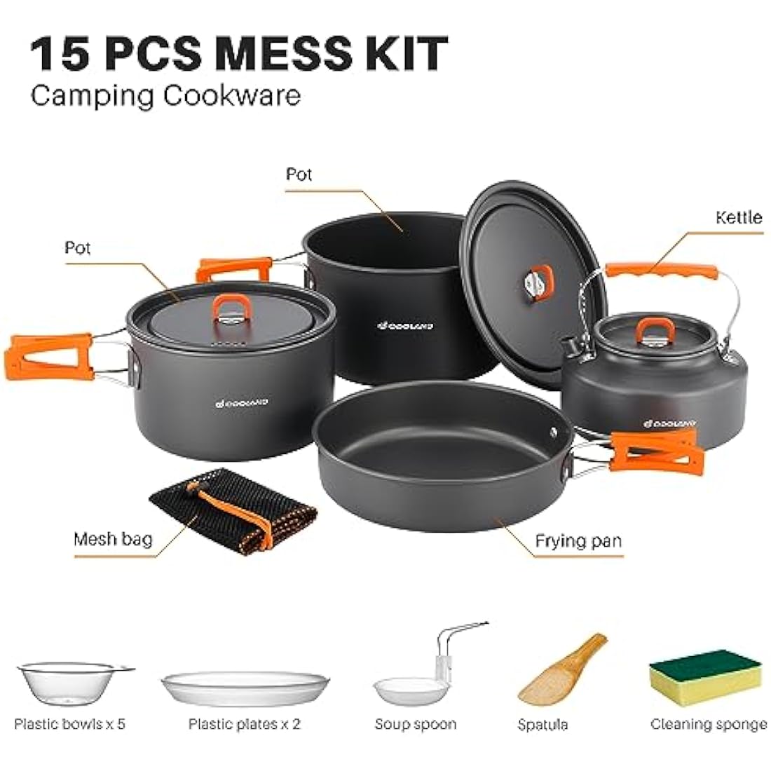 Odoland Camping Cookware Set Non-Stick Lightweight Camping Kettle Pots and Pans Mess Kit with Bowls Soup Spoon for Backpacking, Outdoor Cooking and Picnic for 4-6 People