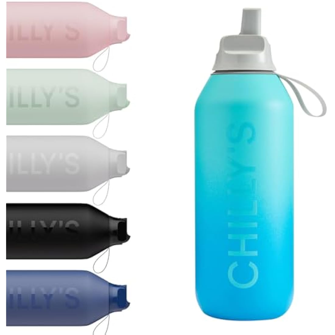 Chilly's Series 2 Flip Water Bottle with Sports Lid, Telescopic Straw and Nylon Carry Loop - Easy Flip Lid, Straw Cleaning Brush Included