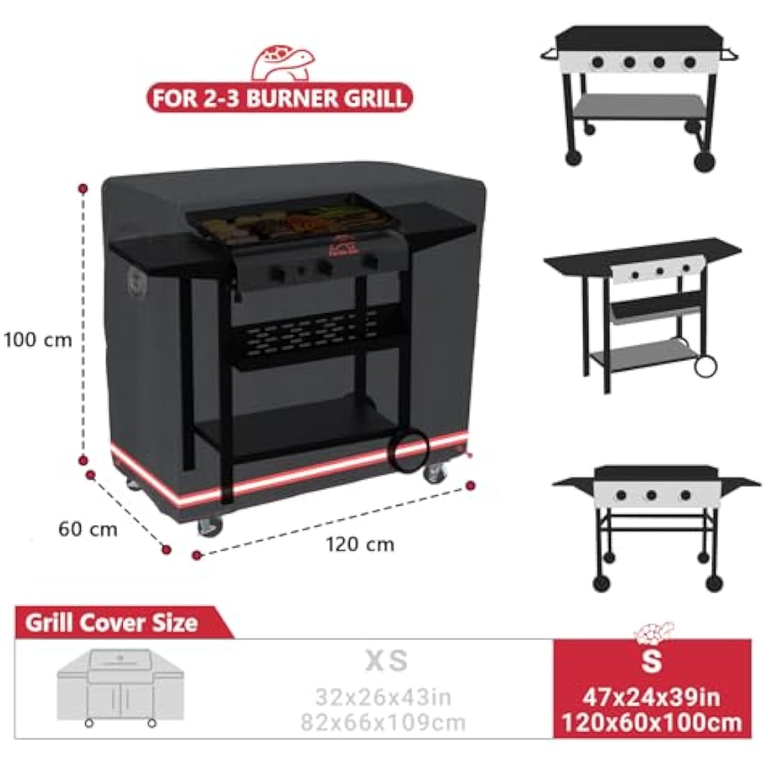 Turtle Life BBQ Grill Cover, 46 Inch Heavy Duty Waterproof Barbecue Gas Grill Covers for Flat Top Griddle, Anti-Fading Cover for 3-4 Burner Gas BBQ Grill, Black，120x60x100cm