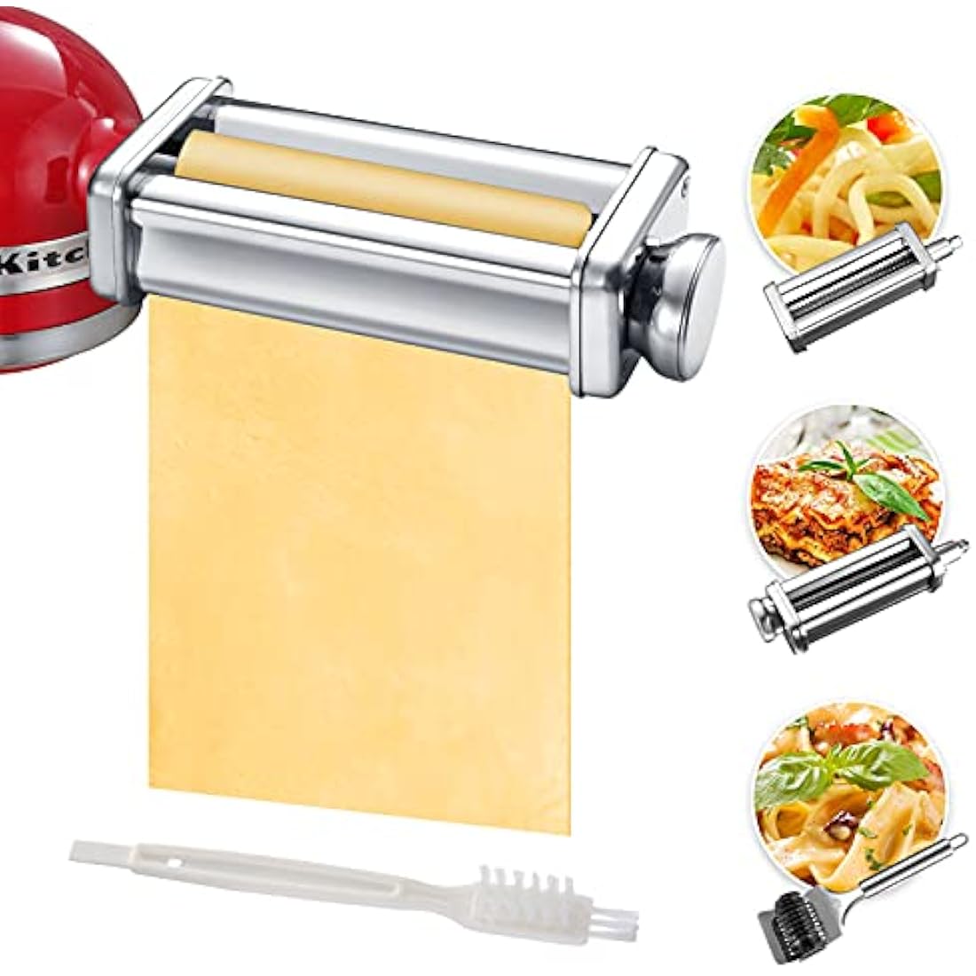 Pasta Maker Attachment Set for KitchenAid Stand Mixers Included Noodle Lattice Roller, Spaghetti Cutter, Pasta Roller and Cleaning Brush