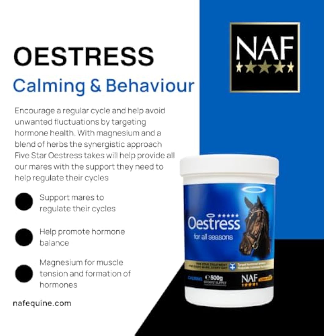 NAF Five Star Oestress 500g – Hormonal Support Supplement for Mares – With Chasteberry, Magnesium & Soothing Herbs – Promotes Calm Behaviour & Seasonal Comfort