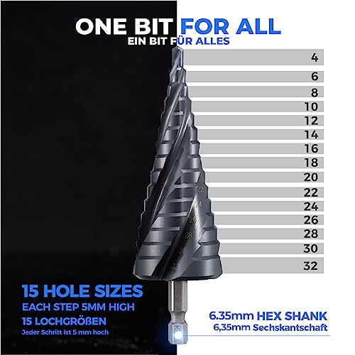 toolant Four Spiral Flute Cobalt Step Drill Bit(Pro Max), 4-32mm Impact Ready Four Spiral Flutes Unibit Step Bit, 1/4" Hex Shank Unibit for Metal, Stainless Steel, Aluminum, Wood, Plastic