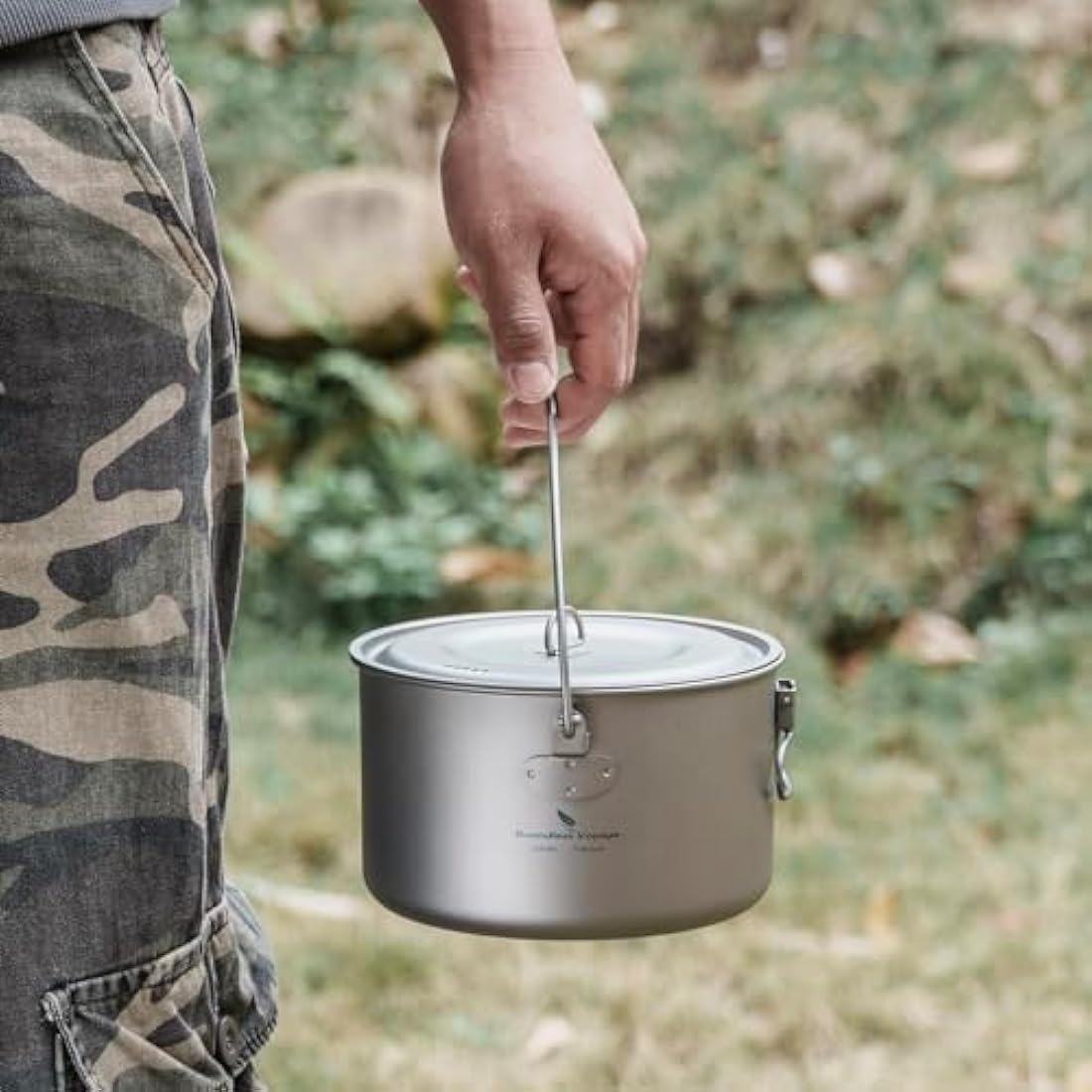 Boundless Voyage Outdoor Titanium Pot with Lid Folding Bail Handle Camping Hiking Picnic Ultralight Portable Water Bottle Cup Mug Spork Set 1950ml Pan