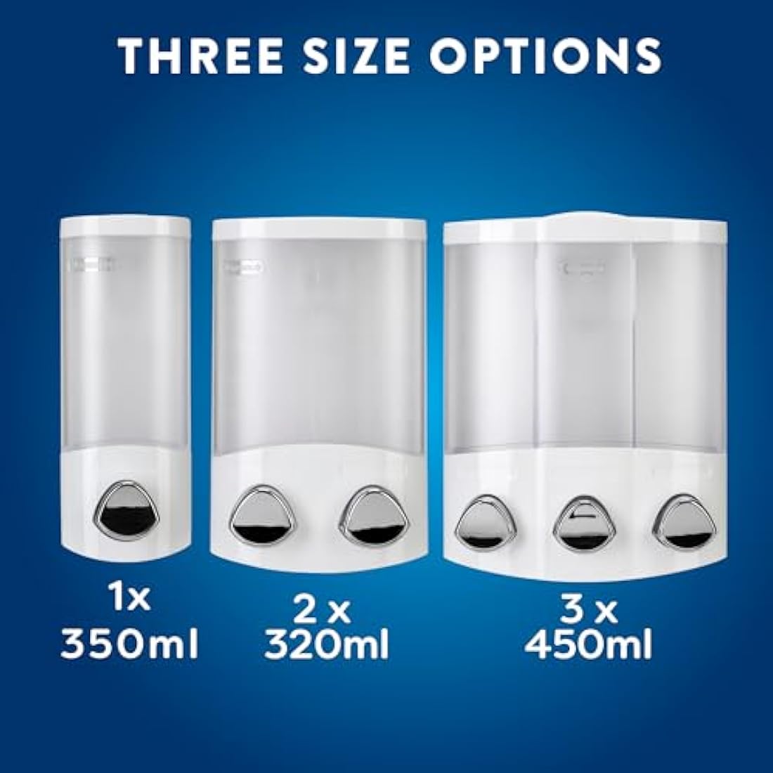 Croydex Wall Mounted Soap Dispenser - Eliminates Shower Clutter, Easy to Refill and Has a Pre-Measured Pump for Your Shower Gel, Shampoo and Conditioner, Mount On Corner or Flat Wall (White, 3x450ml)
