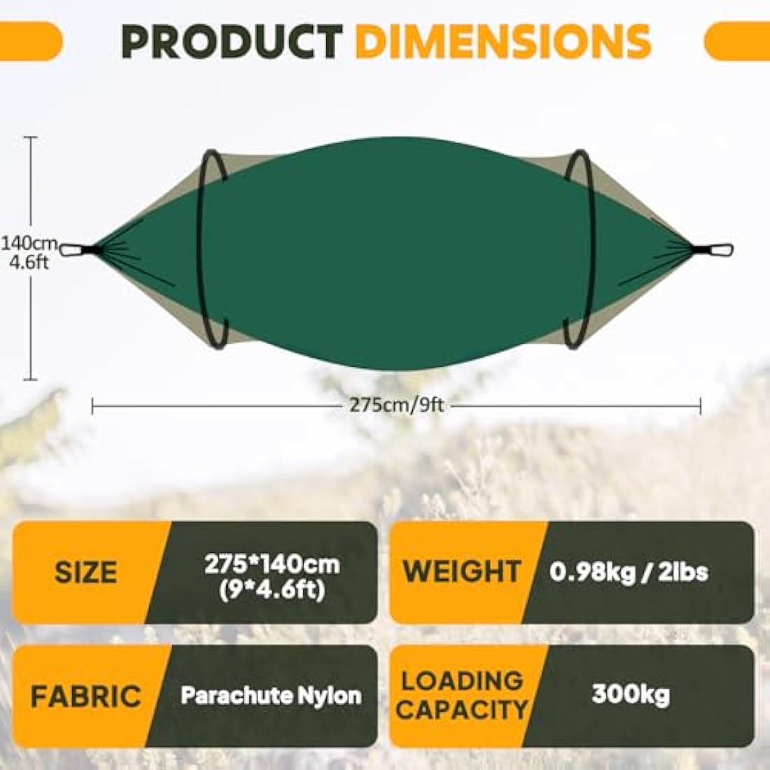 NATUREFUN Ultra-Light Travel Camping Hammock Pop-up Bug Net Hammock 300kg Load Capacity,Breathable,Quick-drying Parachute Nylon 2 Premium Carabiners,2 Tree Slings Included Outdoor Backpacking Hiking