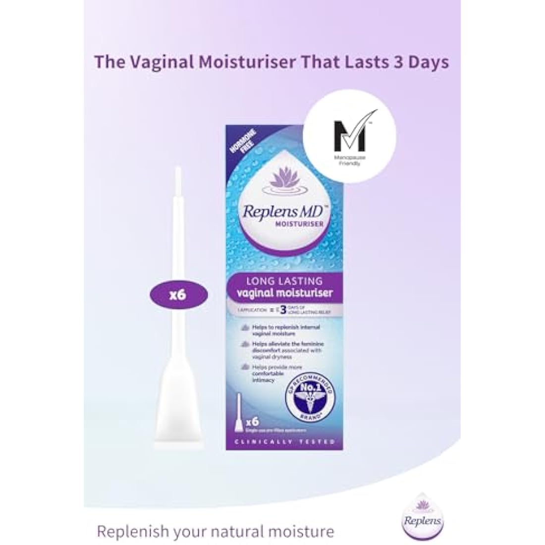 Replens Long Lasting Vaginal Moisturiser, Up to 3 days of long-lasting relief from vaginal dryness, Relieves Discomfort, Hormone Free, Clinically Tested, Pack of 6 Pre-Filled Applicators