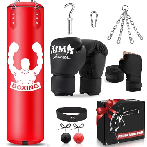 YORWHIN Heavy Punch Bag Set, 4FT Unfilled Kicking Bag, Reflex Ball, MMA Gloves, Wristband, Boxing Training Equipment for Adults, Karate, Kickboxing,