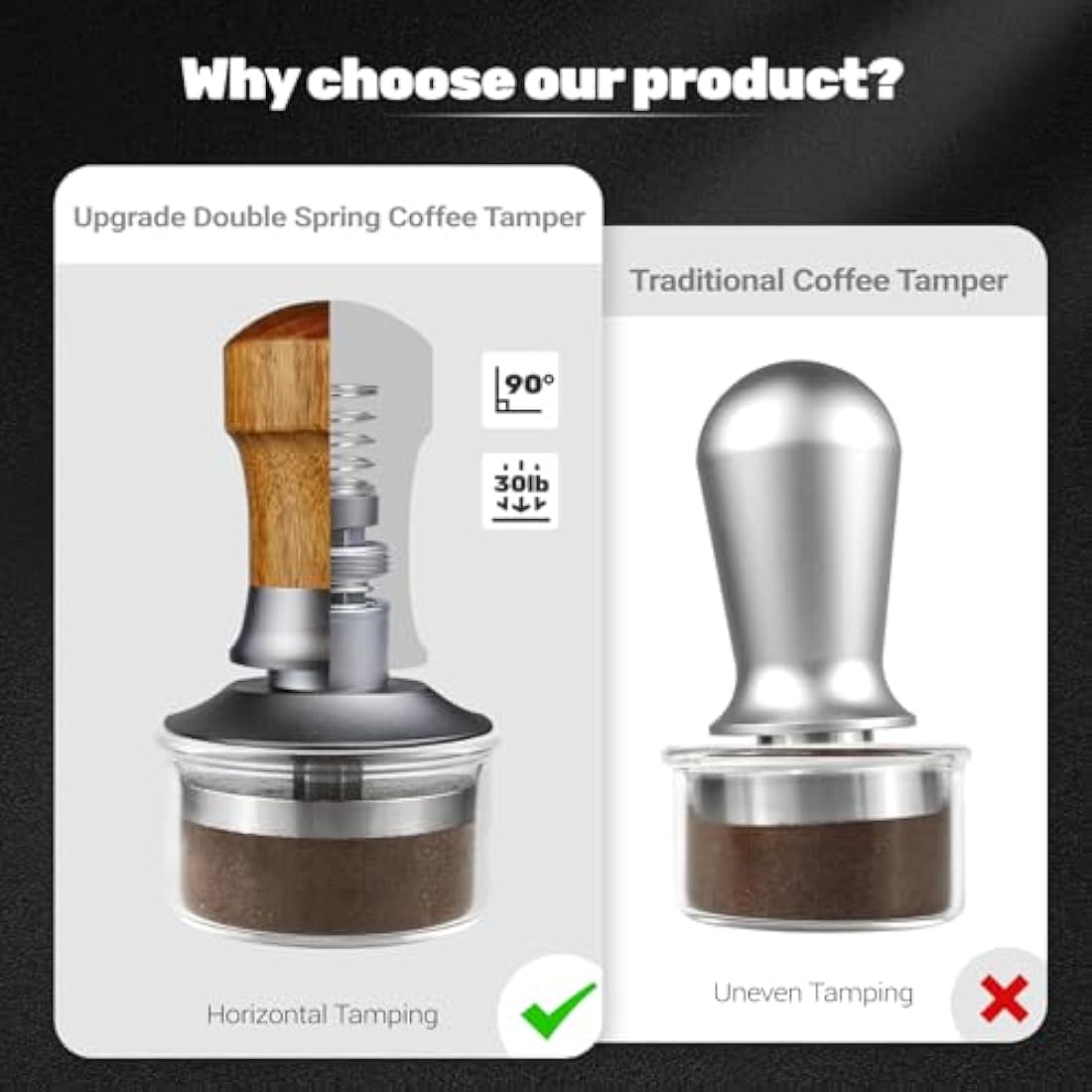 ceelatti 54mm Tamper, Spring Loaded Coffee Tamper 54mm, 30lbs Constant Pressure Calibrated Espresso Tamper for Breville Sage Barista Express Pro, Wood Handle, Stainless Steel Ripple Base, Silver