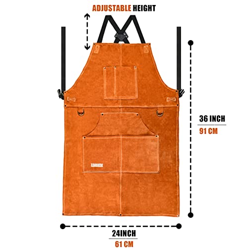 Leather Welding Work Apron - Heat Resistant & Flame Resistant Bib Apron, Flame Retardant Heavy Duty BBQ, Adjustable One Size Fit Most