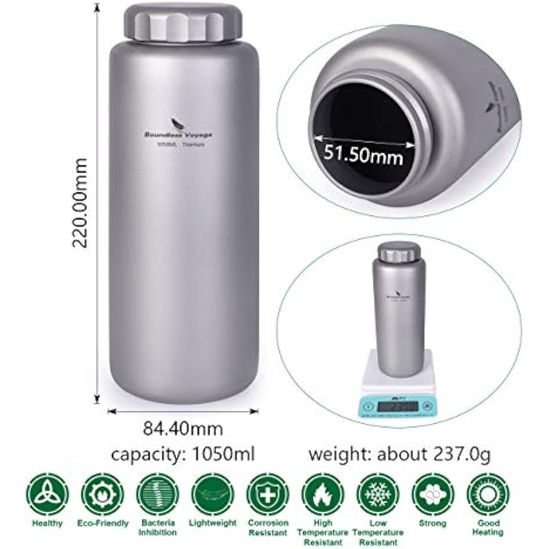 Boundless Voyage Titanium 600ml Cup & 1050ml Water Bottle Set Lightweight Portable Tea Coffee Wine Dinnerware for Backpacking Hiking Camping