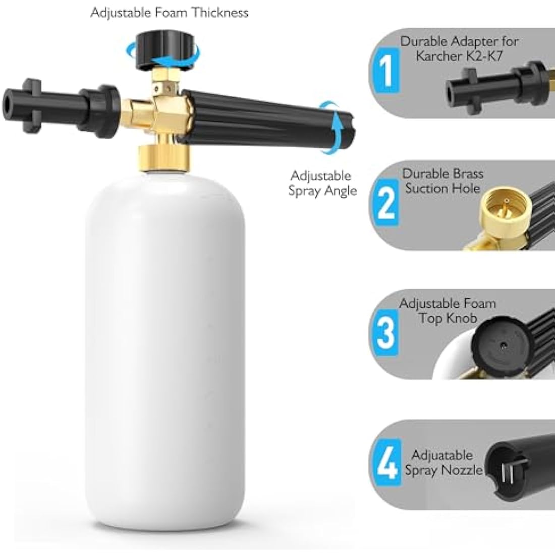 Stone Banks Snow Foam Lance for Karcher K Series K2 K3 K4 K5 K6 K7 Pressure Washer, 1L Adjustable Foam Cannon Gun High Pressure Soap Dispenser Bottle Spray Nozzle for Car Washing Vehicle Cleaning