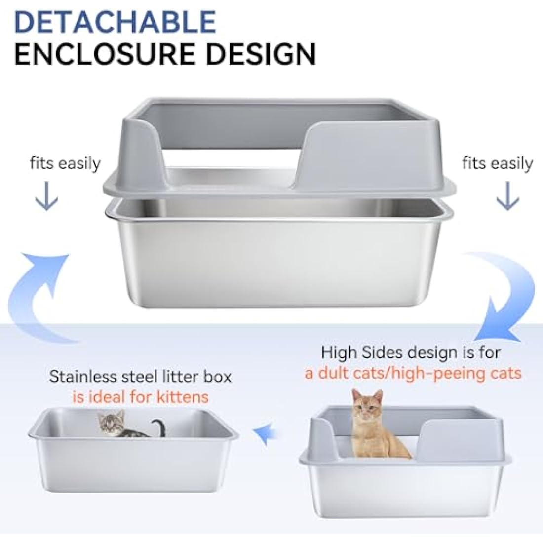XXL Stainless Steel Cat Litter Tray - High Rim Open Box with Metal Scoop, Easy to Clean