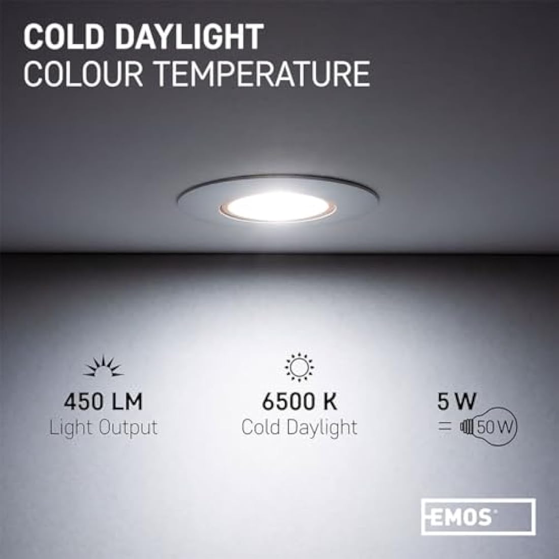 EMOS LED Spot Lights Ceiling Round 5W / 450lm, 6500K Cold White | 50° Tilt Swivel Recessed Ceiling Lights, Ultra Slim | Pack of 6 Recessed LED Downlights for Ceiling, Mains Powered, Black