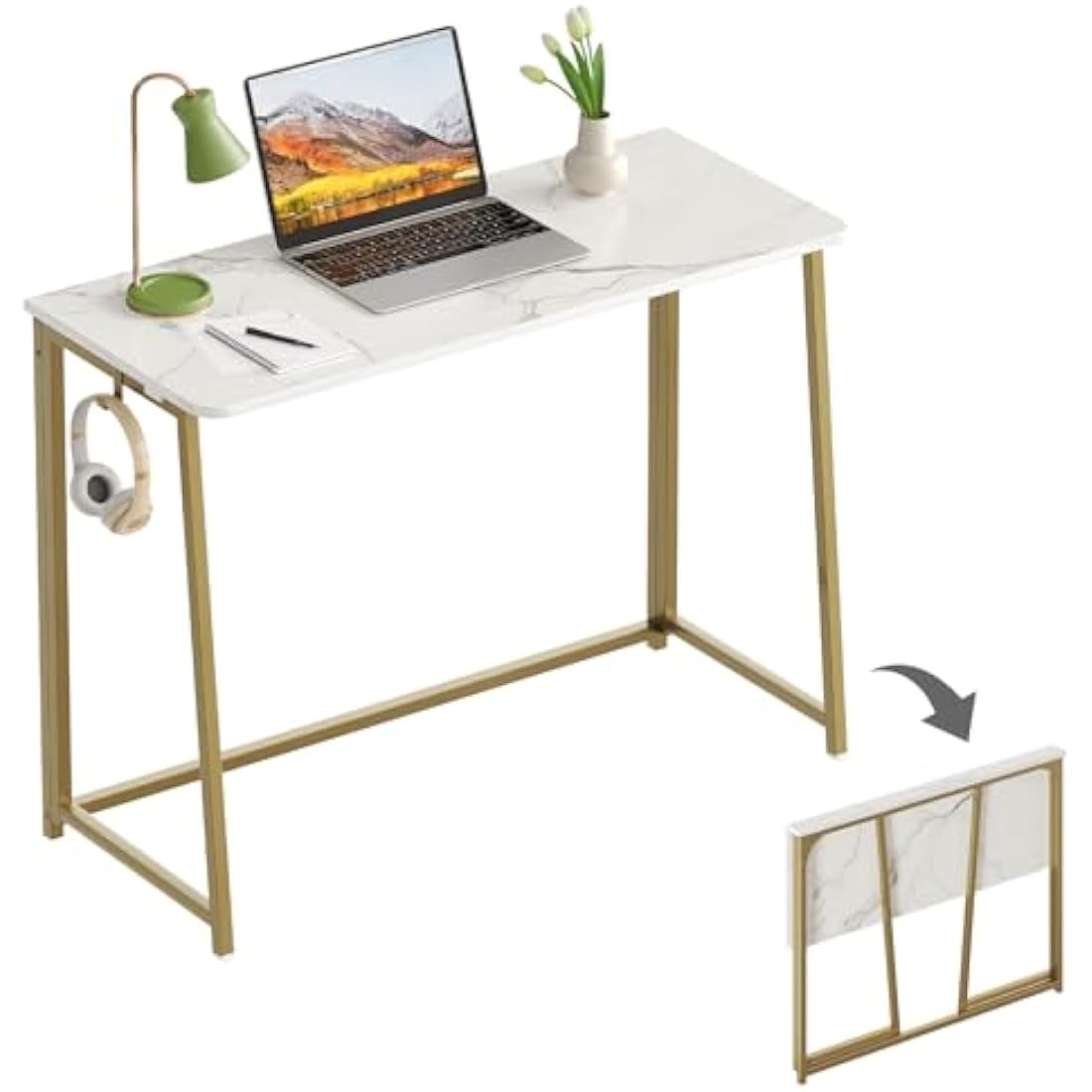 WOHOMO Folding Desk, Small Writing Desk, Space-Saving Foldable Laptop Table Writing Workstation for Home Office, Easy Assembly, White and Gold