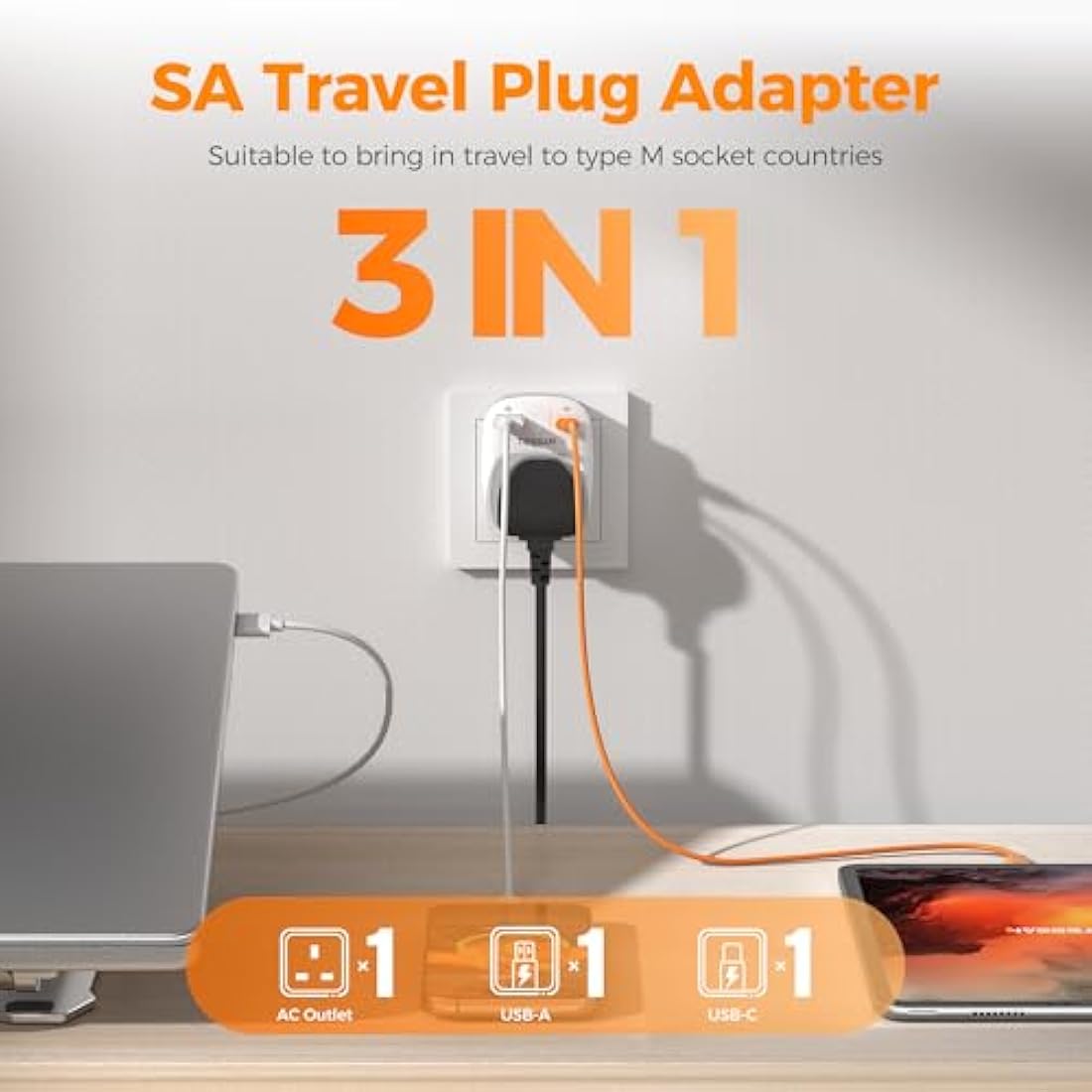 UK to South Africa Plug Adapter 2 Pack, TESSAN 3 in 1 Travel Adapter with 2 USB(1 USB C), South Africa Travel Plug for Namibia, Swaziland (Type M)