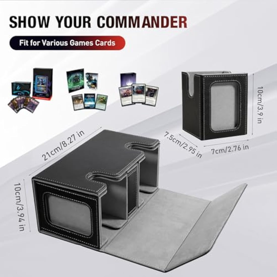 TiMOVO MTG Commander Deck Box, Magnetic Leather Card Deck Case Fits 200+ Double-Sleeved Cards, Card Box with 2 Commander Display & 4 Dividers & Dice Tray Fit YuGiOh TCG CCG Magic Cards, Black & Gray