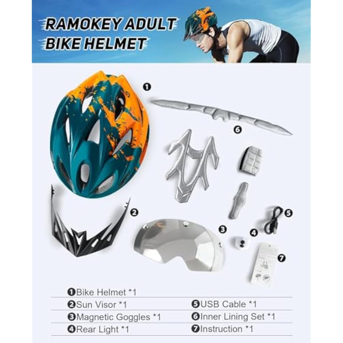 RaMokey Bike Helmet for Men and Women, Lightweight Cycle Helmet with LED Light Magnetic Goggle Sun Visor, Mountain & Road Bicycle Helmets for Adult Cycling Adjustable Size 57-62cm