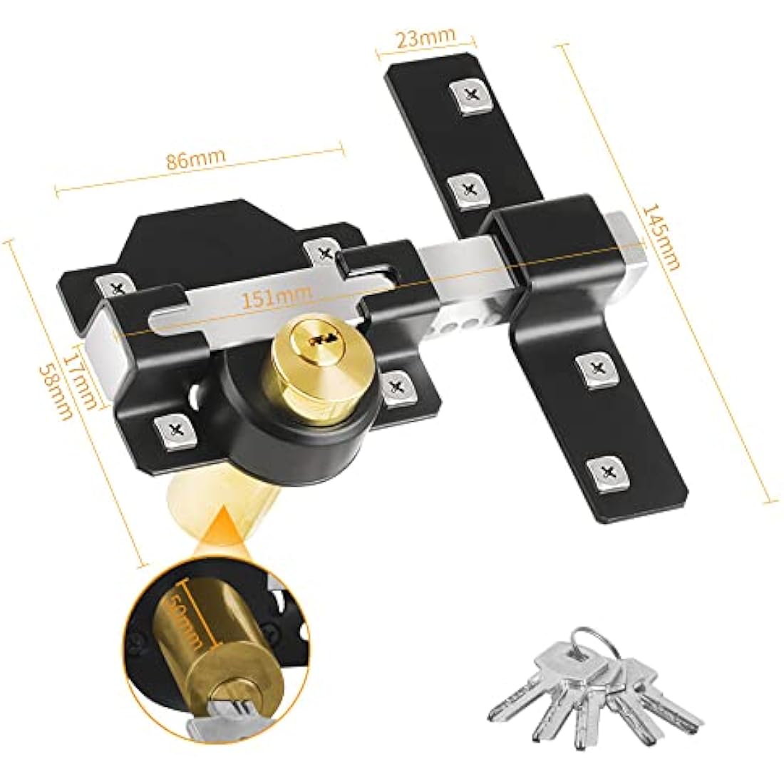 Both Side Lock Door 50mm Long Throw Gate Lock Stainless Steel Grade Lockable with Rear Double Locking for Yard，Garden Doors/Gates Supplied 5 Keys (50mm)