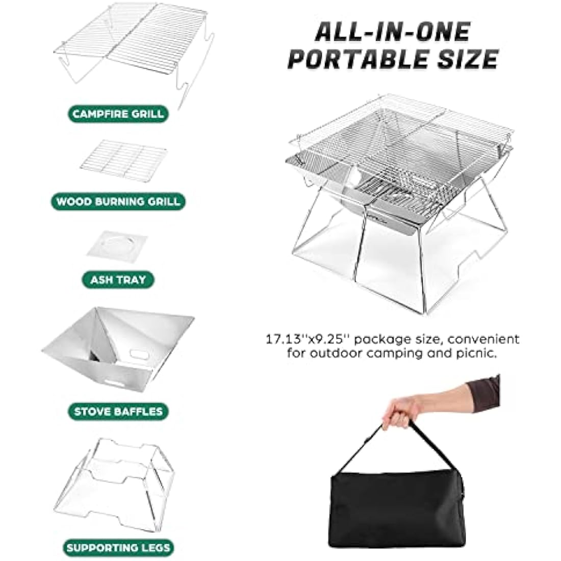 Odoland BBQ Fire Pit Portable Campfire Pit Collapsible Camping Grill Stainless Steel Barbecue for Camping Picnic Terrace Garden w/Carrying Bag L (43 * 43 * 31cm)
