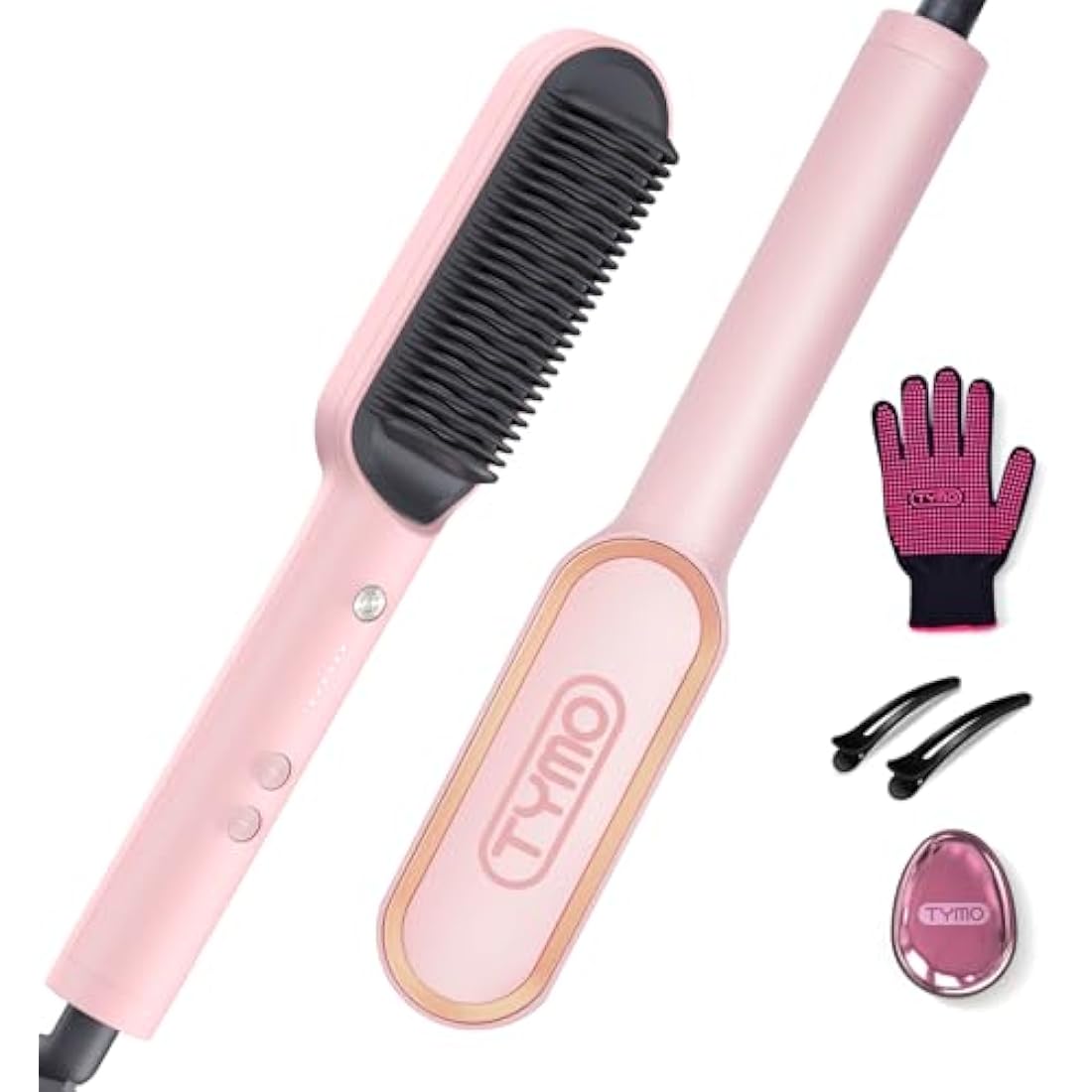 TYMO Hair Straightener Brush UK, Flat Iron and Hair Brush 2-in-1, Anti-Scald, Fast Heating, 5 Temp Settings (130℃-210℃), Professional Salon at Home, Wider Comb for Even Straightening, Pink