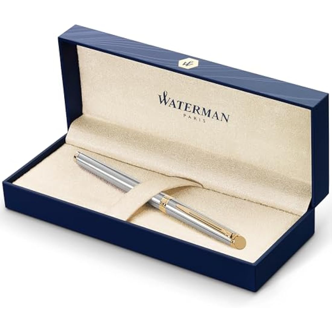 Waterman Hémisphère Fountain Pen | Stainless Steel with 23k Gold Trim | Medium Nib | Blue Ink | Gift Box