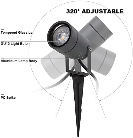 DAWALIGHT Landscape Lights Outdoor 4 Pcs, GU10 Spike Lights Outdoor for Garden Path Patio Exterior Outside Backyard Lawn Walkway, Adjustable IP65 Aluminum Spotlight with IP68 Connector, Dark Grey