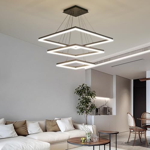 Modern LED Chandelier, 3 Ring Square LED Pendant Ceiling Light, Dimmable Foyer Chandelier Lighting Fixture, Adjustable Height Over Table Hanging Light for Living Room, Dining Room,Entryway