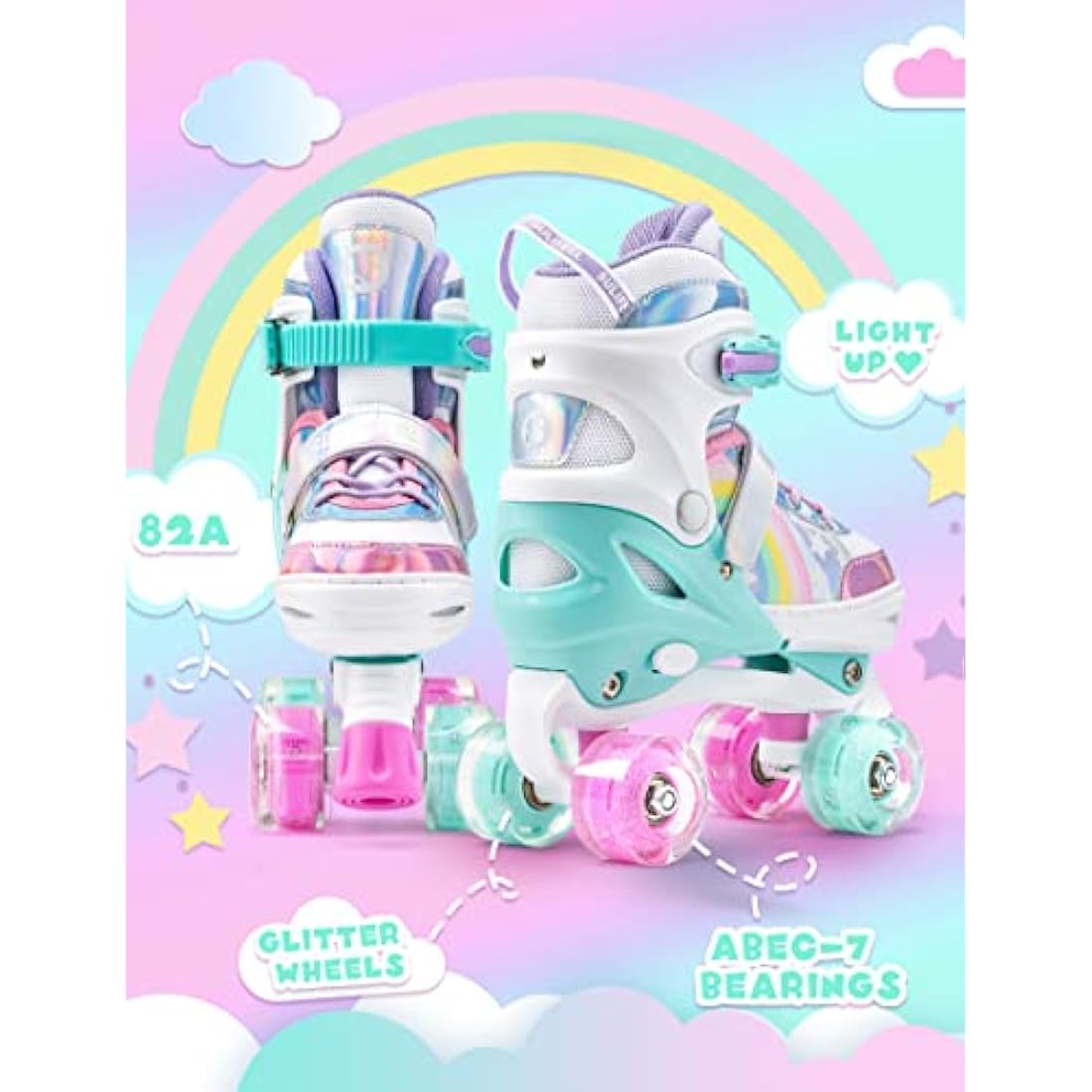 SULIFEEL Adjustable Roller Skates for Kids with Light up Wheels for Girls and Boys Rainbow Unicorn