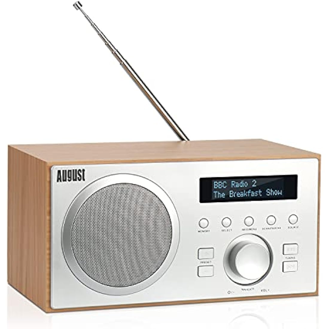 August MB420 DAB+ Radio with Bluetooth Speaker – Digital DAB & FM Radio with 30 Station Presets, Dual Alarm Clock, Sleep Timer, 5W Bass Reflex Stereo Speakers, Aux/USB/Mains Power, LCD Display – Oak