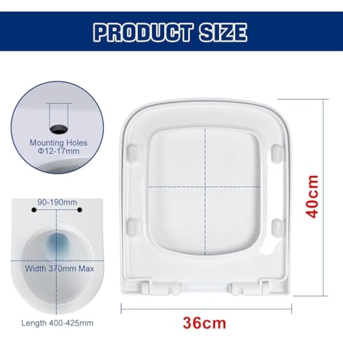 Mass Dynamic Square Toilet Seat- with Soft Close & Quick Release for Easy Cleaning, Universal Toilet Seat for Square Shaped Toilet Pans, Top Fixing Easy Installation (40.0cm L x 36cm W), White