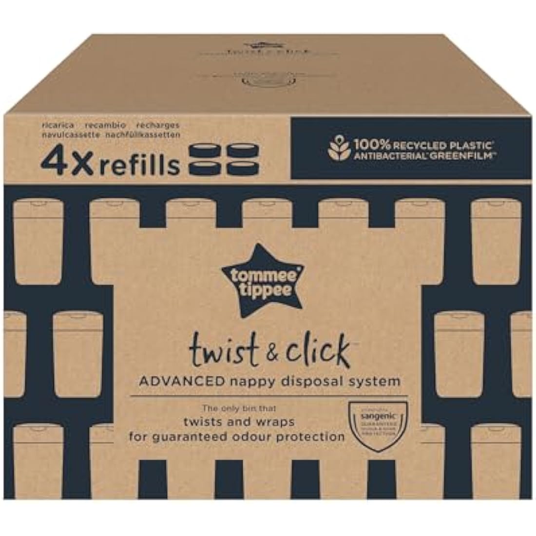 Tommee Tippee Twist and Click Advanced Nappy Bin Original Refill Cassettes, Exclusive Pack of 4, for Easy refill and Great value (pack may vary)