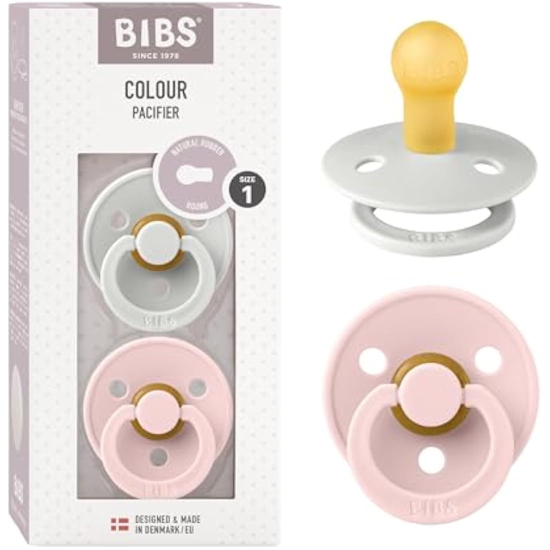 BIBS Colour Soother 2-Pack, BPA Free Dummy Pacifier, Round Nipple. Natural Rubber Latex, Size 1 (0-6 Months), Haze/Blossom