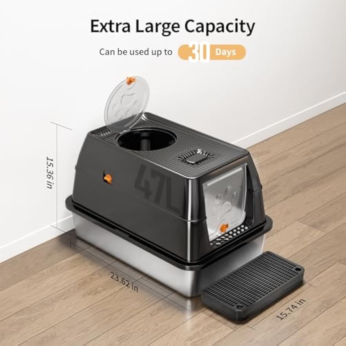 Stainless Steel Cat Litter Tray with Lid, XXL Enclosed Cat Litter Box with High Sided for Big Cats, with Removable Lid &Scoop - Black