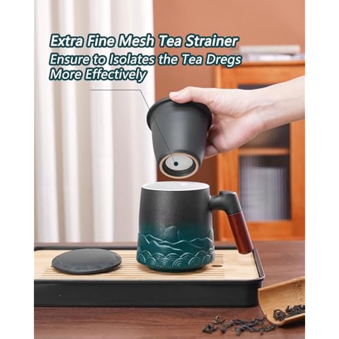 ZENS Tea Infuser Mug With Lid, 500ml Gradient Embossed Loose Leaf Ceramic Steeping Cup, Rosewood Handle, for Gifts - Black & Green