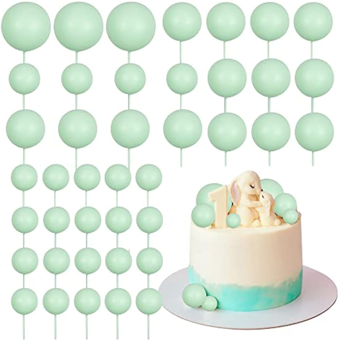 Gyufise 30Pcs Balls Cake Topper Mini Balloons Cake Toppers Foam Ball Cake Decorations Balloon Cake Topper Ball Shaped Cake Insert Topper for Birthday Party Baby Shower Decor Rose Green