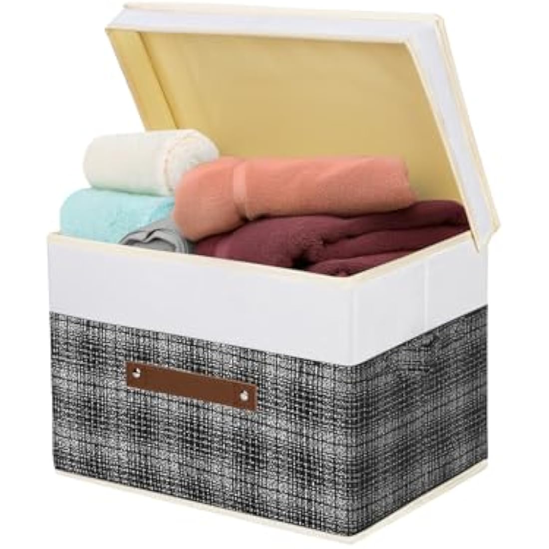 TYEERS Collapsible Storage Box with Lid, Patchwork Design, Decorative, Fabric Storage Box for Clothes, Wardrobe Storage, 38x25x25 cm, Set of 5, Black