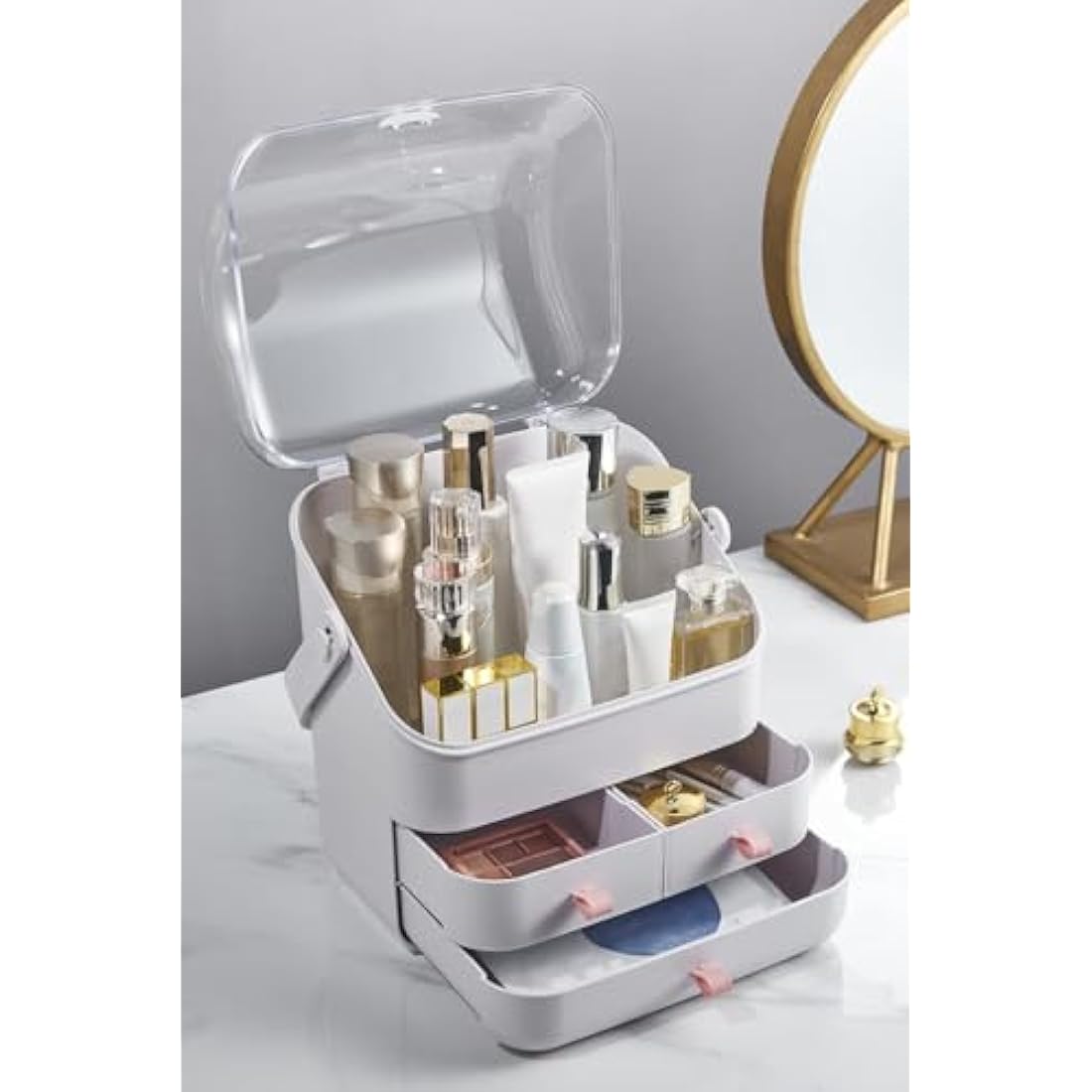 LINFIDITE Cosmetic Storage Box with Lid Makeup Organizer Box with Dust Free Cover Portable Handle,Large Makeup Display Case with Drawers Fully Open Lid,Great for Bathroom Countertop Bedroom Dresser