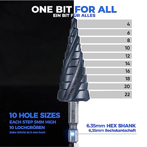 toolant Four Spiral Flute Cobalt Step Drill Bit(Pro Max), 4-22mm Impact Ready Four Spiral Flutes Unibit Step Bit, 1/4" Hex Shank Unibit for Metal, Stainless Steel, Aluminum, Wood, Plastic