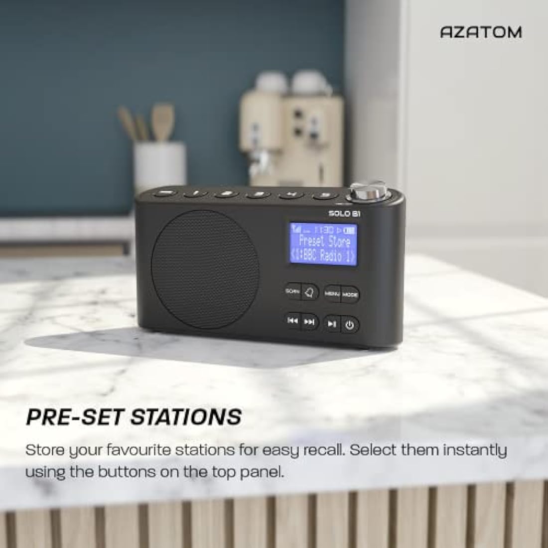 DAB/DAB+ & FM Portable Digital Radio | Bluetooth | Rechargeable Battery | Dual Alarms & Sleep Timer | Perfect for Home, Office or Outdoors | AZATOM Solo B1 (Black)