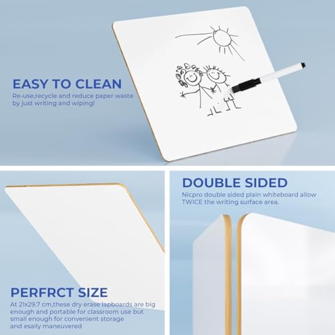 Nicpro Dry Erase Mini Whiteboard A4, 22 x 30 cm Double Sided Lapboard with 3 Water-Based Pens Learning Small White Board Portable Drawing Writing for Student and Classroom Use