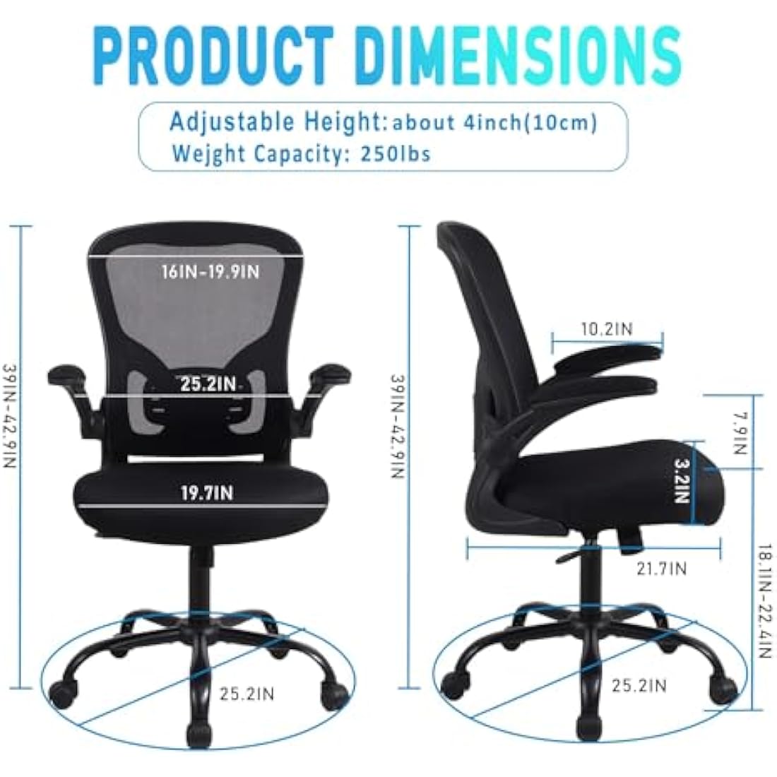 Youhauchair Office Chair, Breathable Mesh Swivel Desk Chair, Lumbar Back Support Ergonomic Office Chair, Computer Chair Office Chairs with Flip-up Armrests, Black