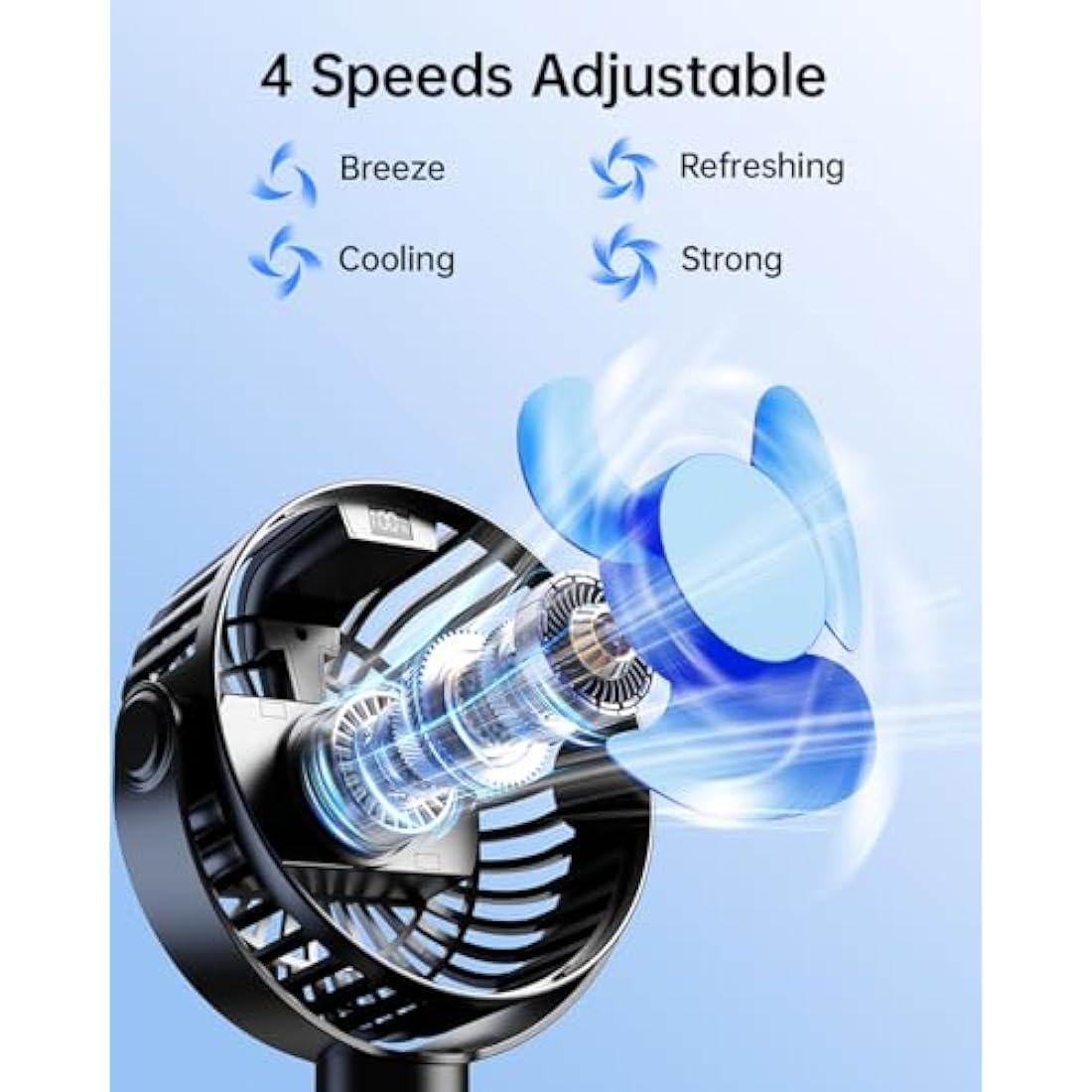 SWEETFULL Portable pram fan, LED Display 4000mAh Battery Operated Mini Stroller Fan, 4 Speed Rechargeable Small Personal Fan Handheld Desk Cooling pushchair Fan For Car Seat Crib buggy
