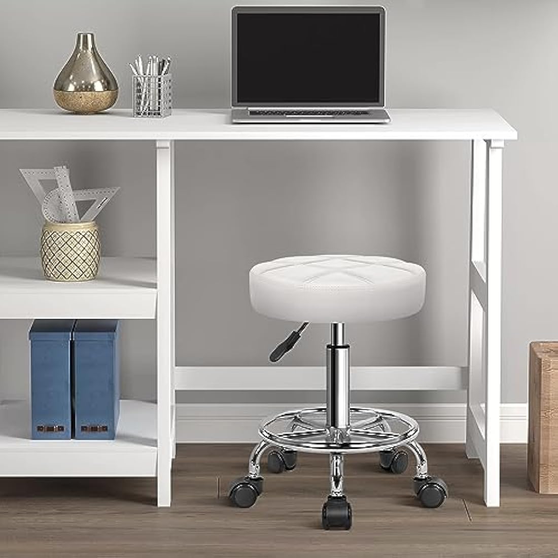 KKTONER Round Rolling Stool Chair PU Leather Height Adjustable Swivel Drafting Work SPA Shop Salon Stools with Wheels Office Chair Small (White)
